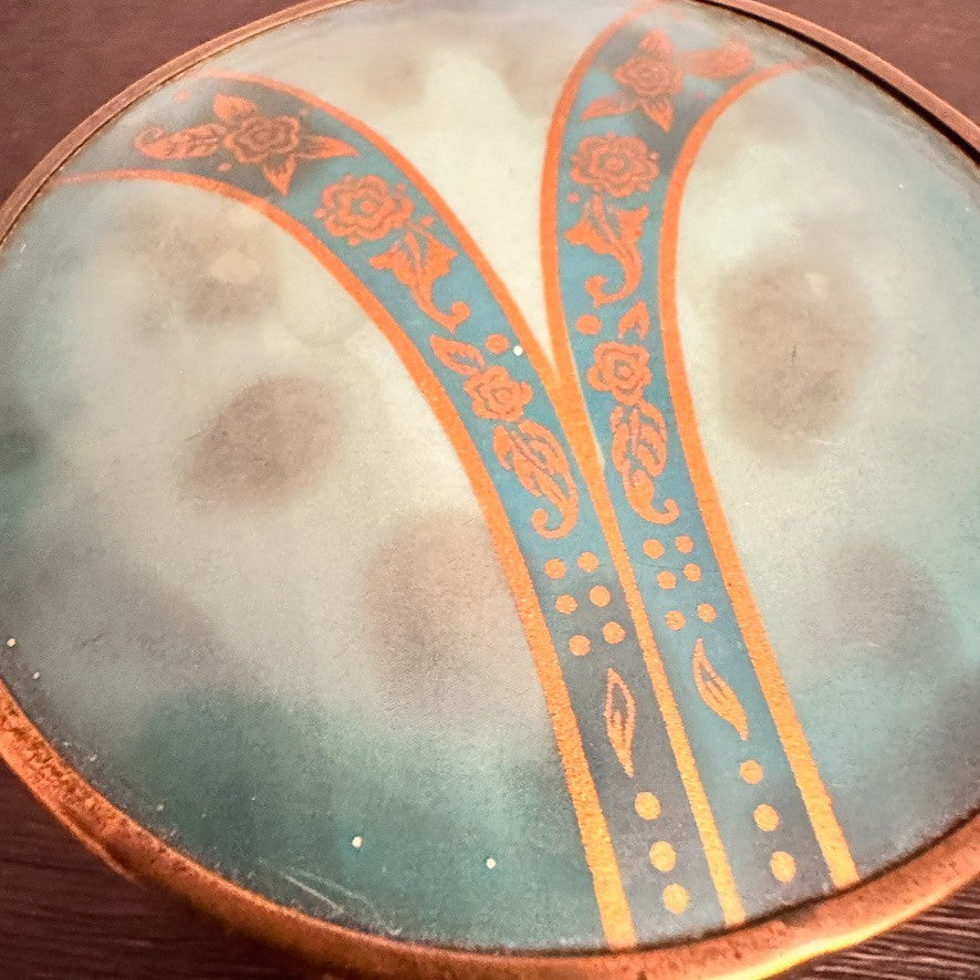 Vintage Art Deco Glass Powder Jar with Enamel Lid – 4” Wide