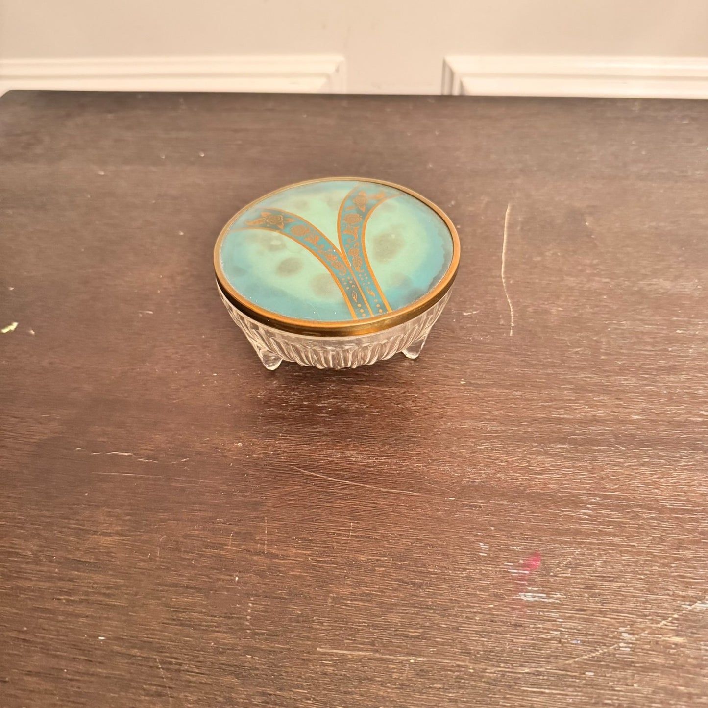 Vintage Art Deco Glass Powder Jar with Enamel Lid – 4” Wide