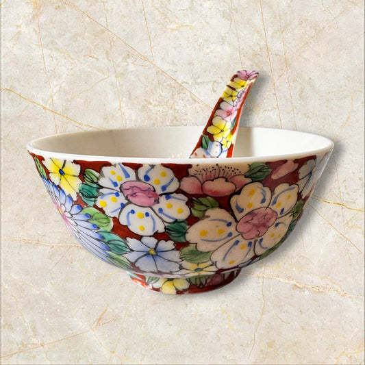 Vintage Chinese “Thousand Flowers” Porcelain Bowl & Matching Spoon – Mille Fleur