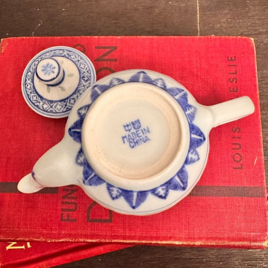 Vintage Chinese Ling Long/Rice Grain Porcelain Teapot – Blue & White – 3” Tall