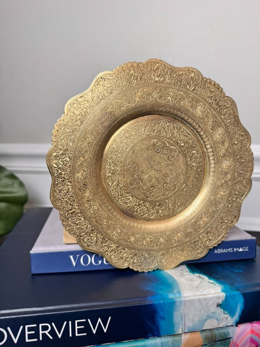 Vintage Etched Brass Decorative Plate – Floral Design, Scalloped Edge, 7.5"