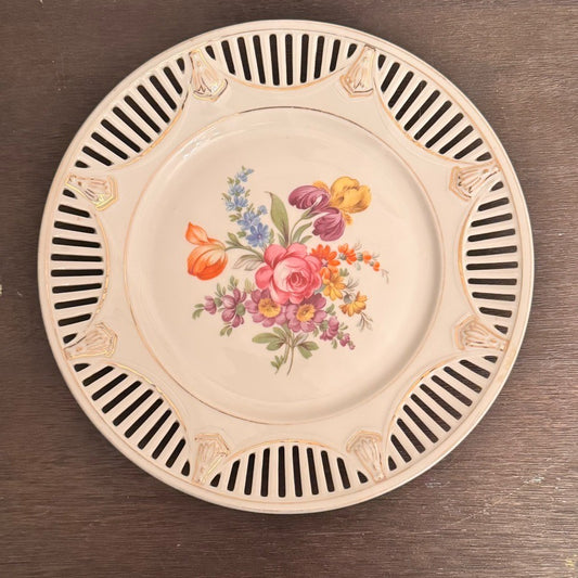 Antique German Reticulated Porcelain Plate – Floral Design – 10.25” Diameter