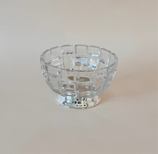 Crystal Footed Bowl with Silver Base – 5.25" Diameter, Geometric Cut