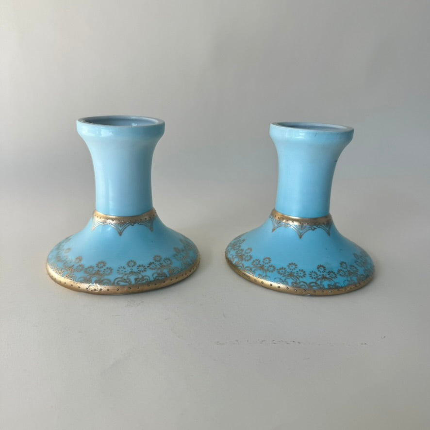 Antique Vienna-Style Blue & Gold Porcelain Candlestick Pair