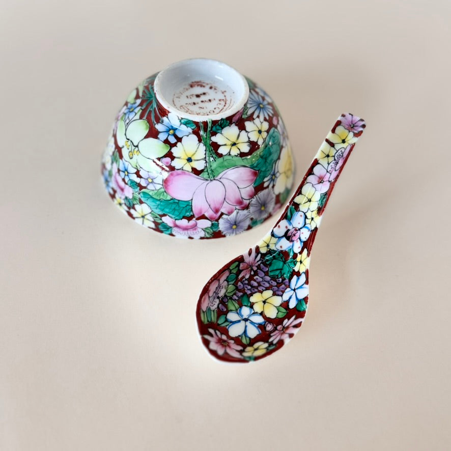 Vintage Mille Fleur Porcelain Bowl & Matching Spoon