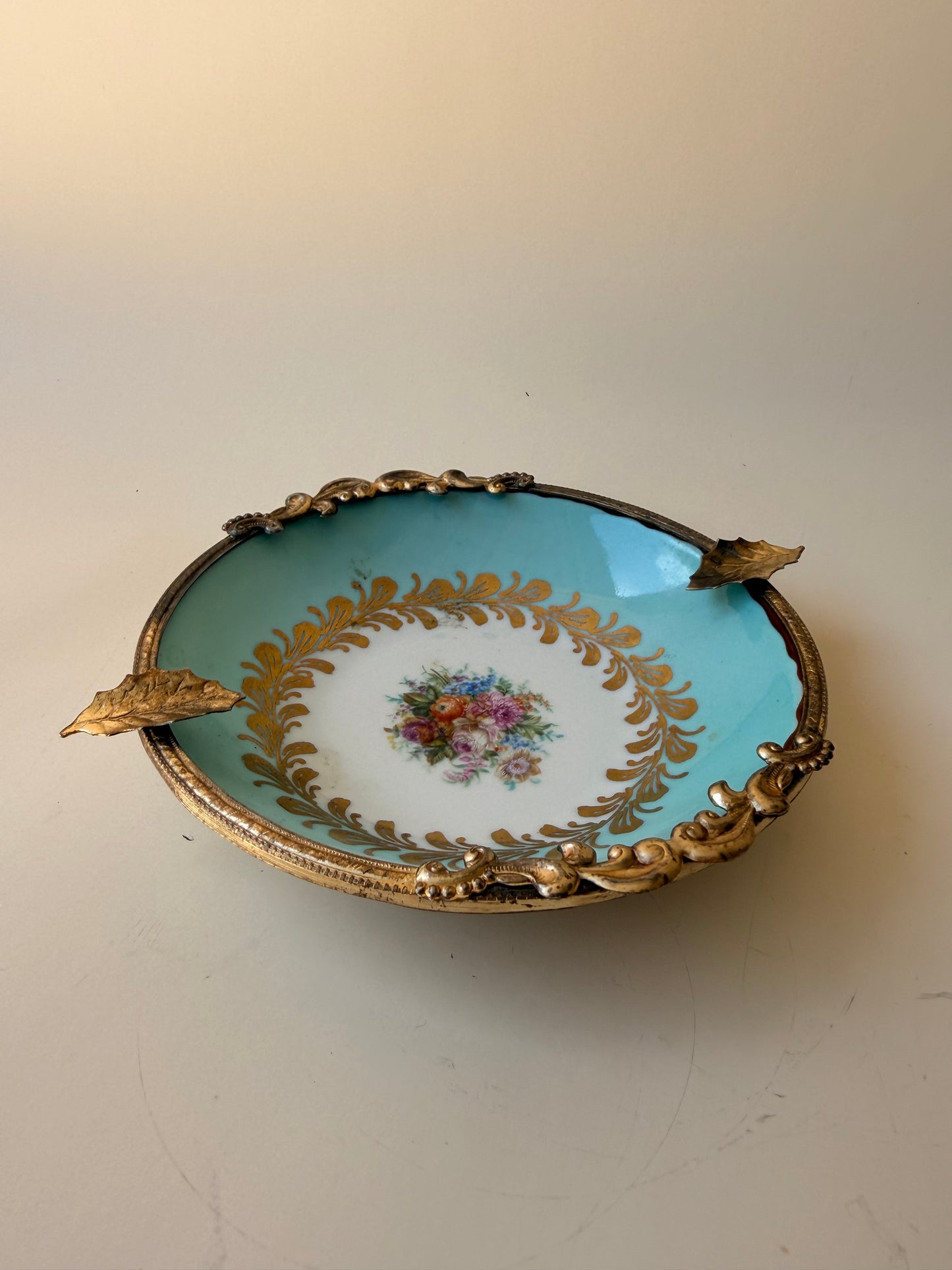 Vintage Limoges Porcelain Ashtray with Brass Leaf Mount