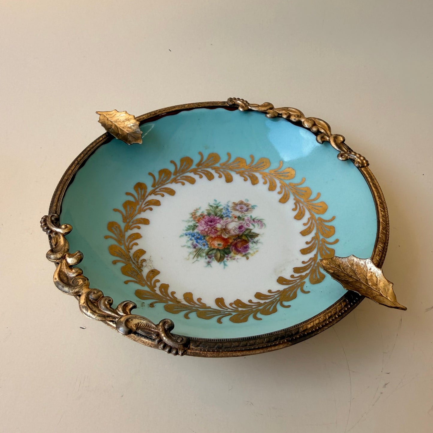 Vintage Limoges Porcelain Ashtray with Brass Leaf Mount