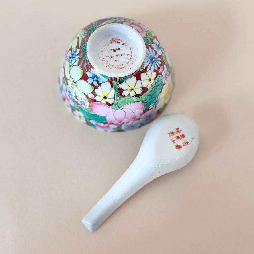Vintage Mille Fleur Porcelain Bowl & Matching Spoon