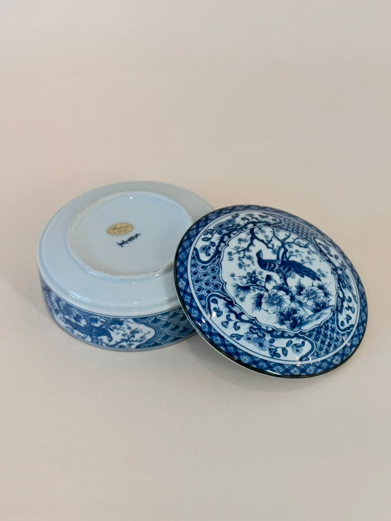 Vintage Andrea by Sadek Porcelain Blue & White Peacock Lidded Dish