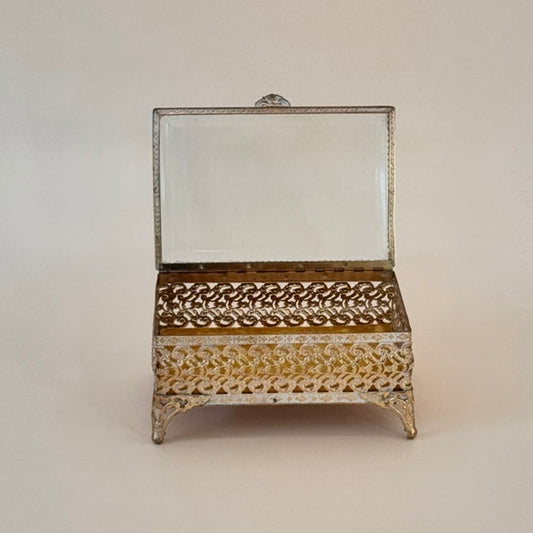 Filigree Brass & Beveled-Glass Jewelry Casket with Yellow Velvet Lining