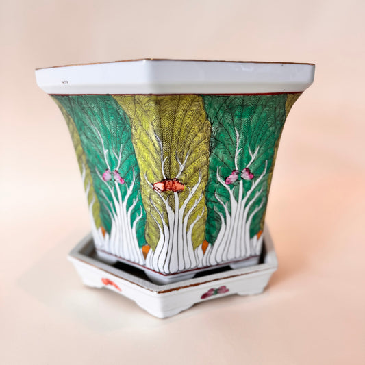 Bok Choy Porcelain Planter Japan Decorated in Hong Kong w/ Drip Tray 9x10