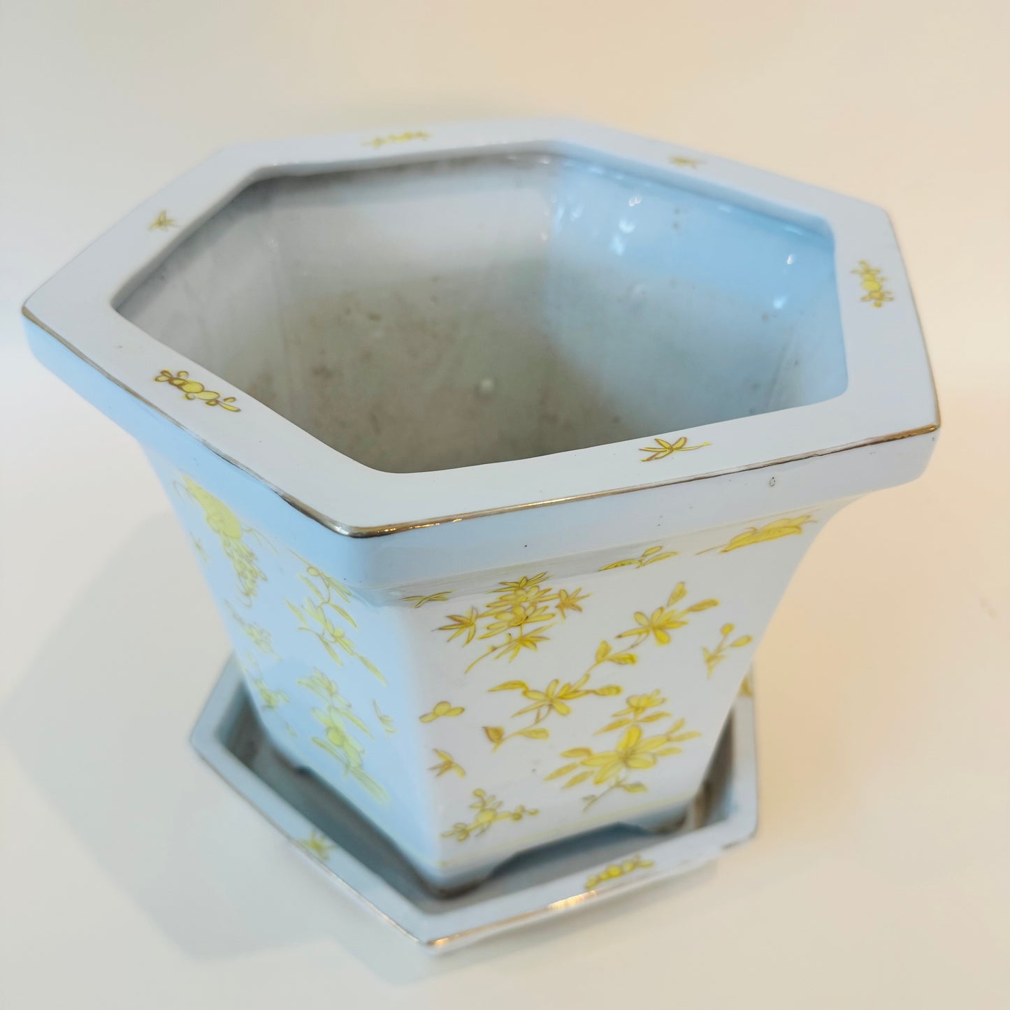 Yellow Floral Porcelain Planter Japan Decorated in Hong Kong w/ Drip Tray 9x10