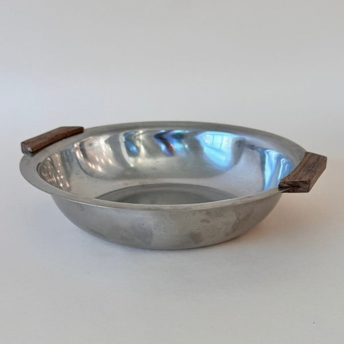 Vintage MCM Stainless Steel Round Dish w/ Teak Handles