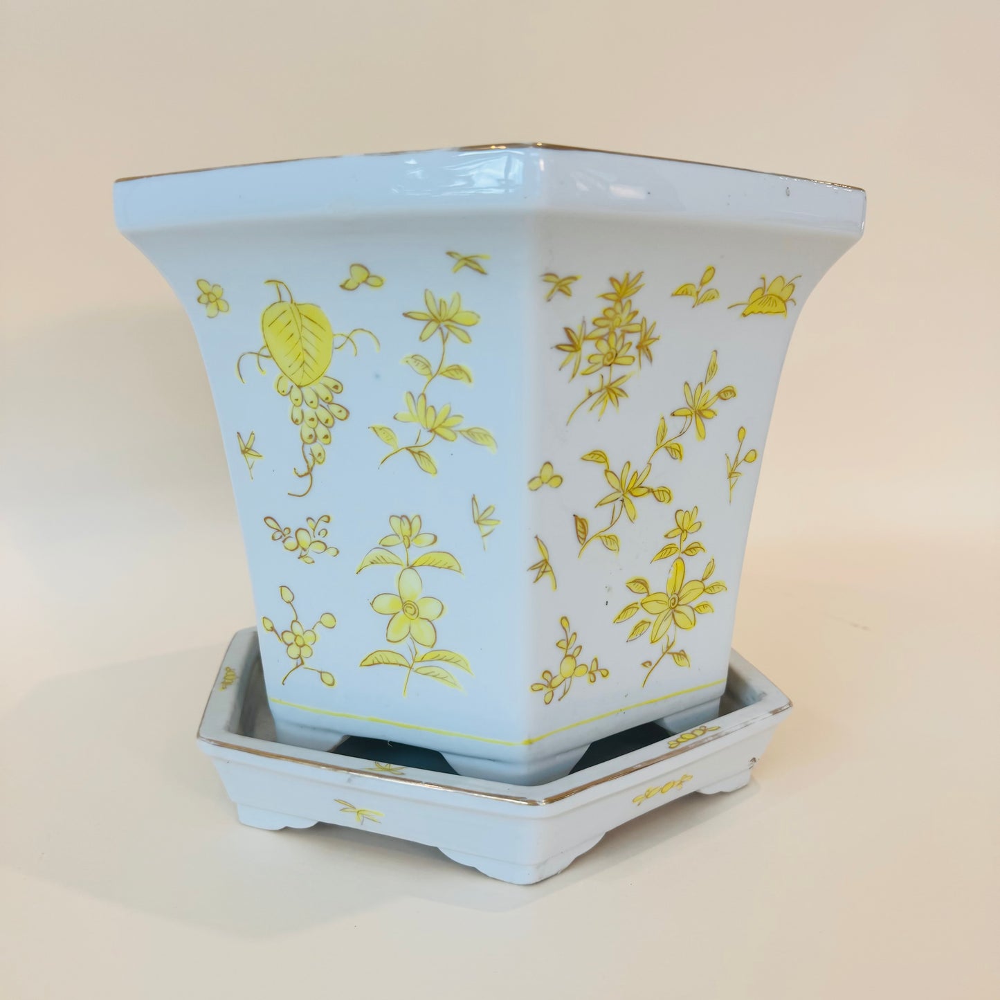 Yellow Floral Porcelain Planter Japan Decorated in Hong Kong w/ Drip Tray 9x10