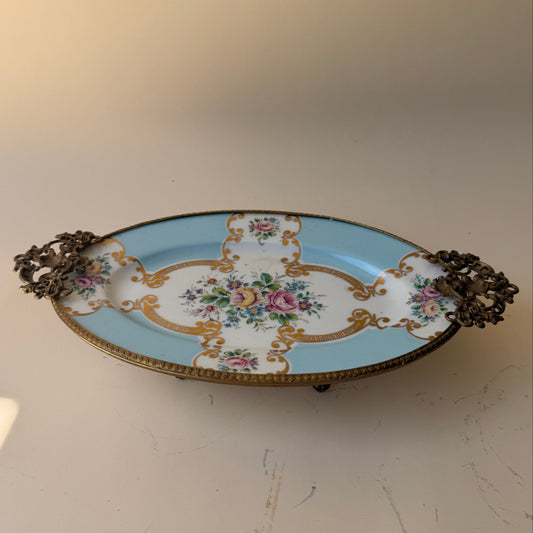 Vintage Limoges Porcelain Footed Dish with Ornate Brass Mount
