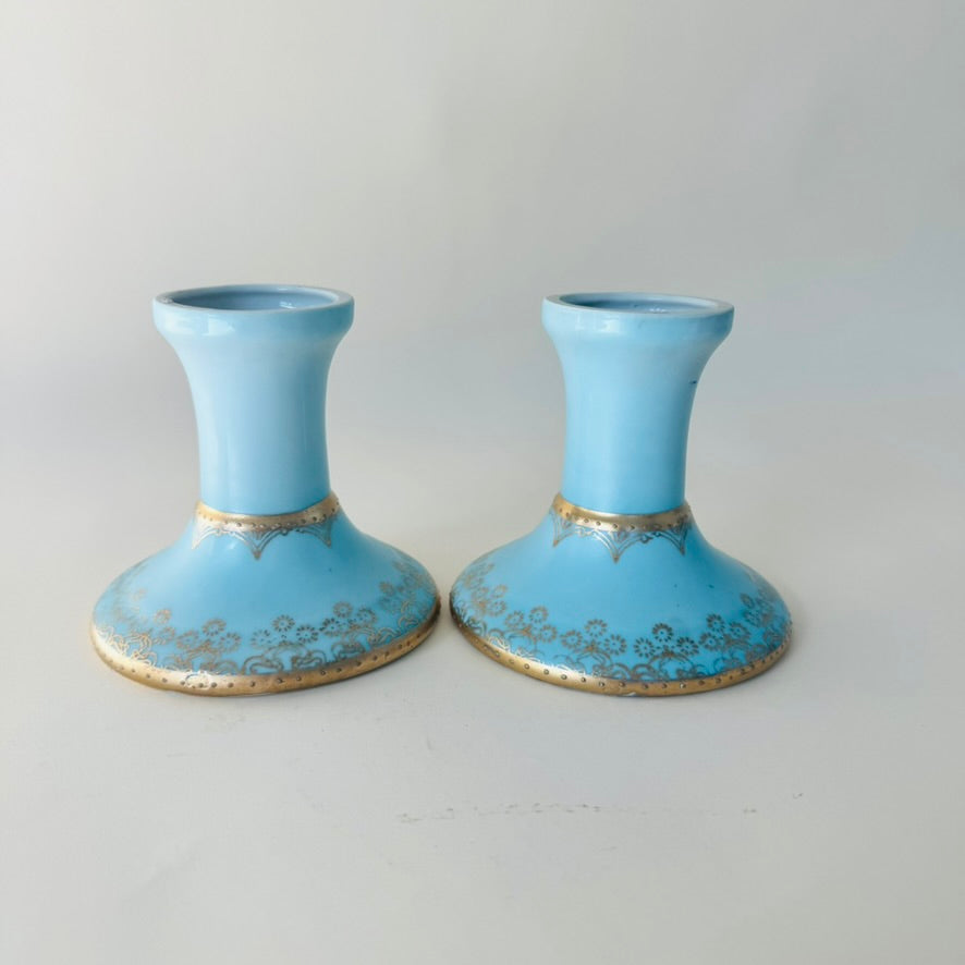Antique Vienna-Style Blue & Gold Porcelain Candlestick Pair
