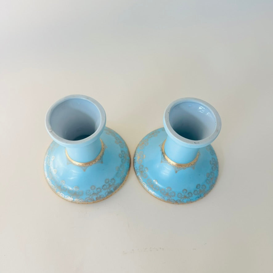Antique Vienna-Style Blue & Gold Porcelain Candlestick Pair