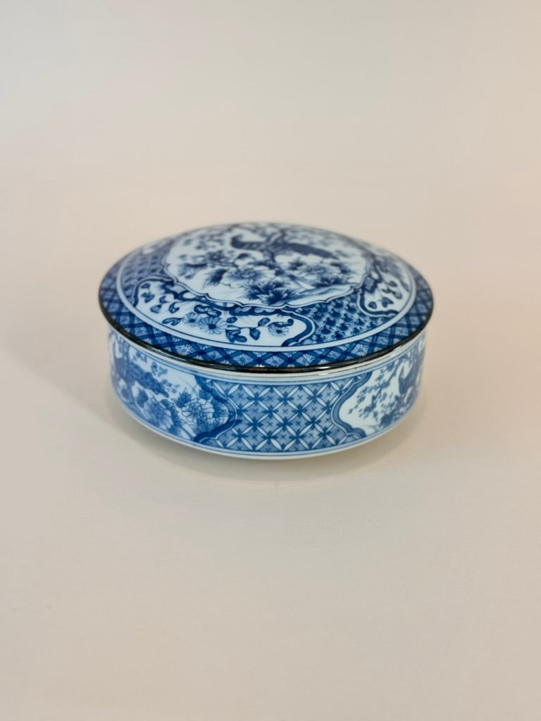 Vintage Andrea by Sadek Porcelain Blue & White Peacock Lidded Dish