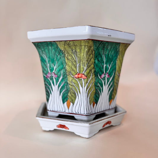 Bok Choy Porcelain Planter Japan Decorated in Hong Kong w/ Drip Tray 9x10