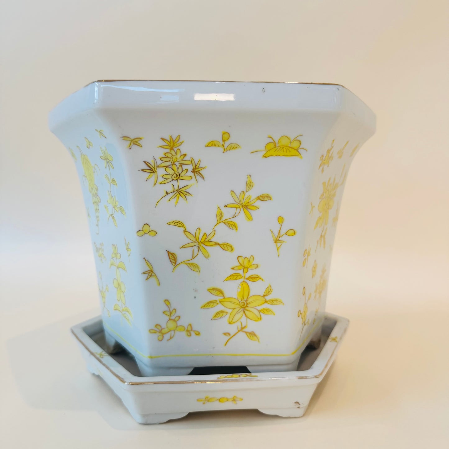 Yellow Floral Porcelain Planter Japan Decorated in Hong Kong w/ Drip Tray 9x10