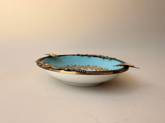 Vintage Limoges Porcelain Ashtray with Brass Leaf Mount