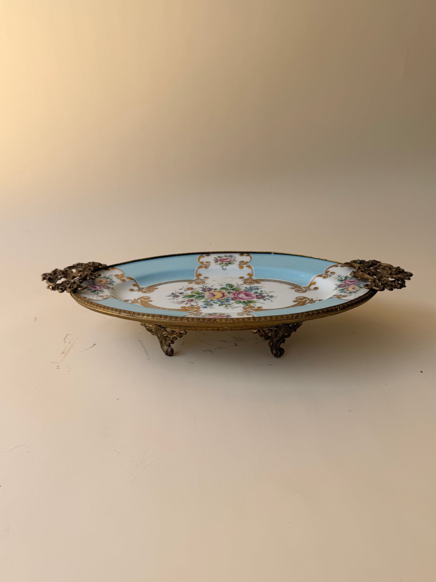 Vintage Limoges Porcelain Footed Dish with Ornate Brass Mount