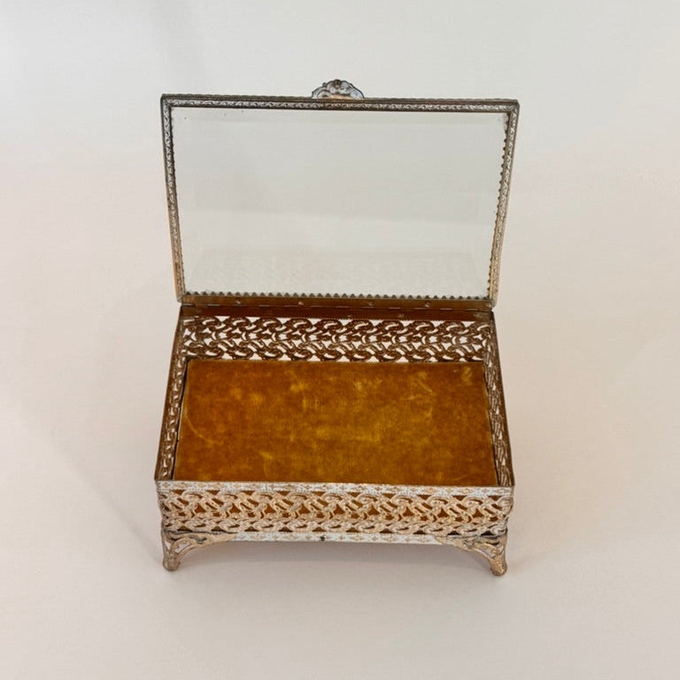 Filigree Brass & Beveled-Glass Jewelry Casket with Yellow Velvet Lining