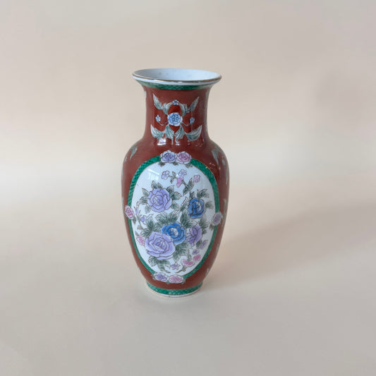 Mid-20th Century Asian Porcelain Vase – Hand-Painted Floral & Panel Design
