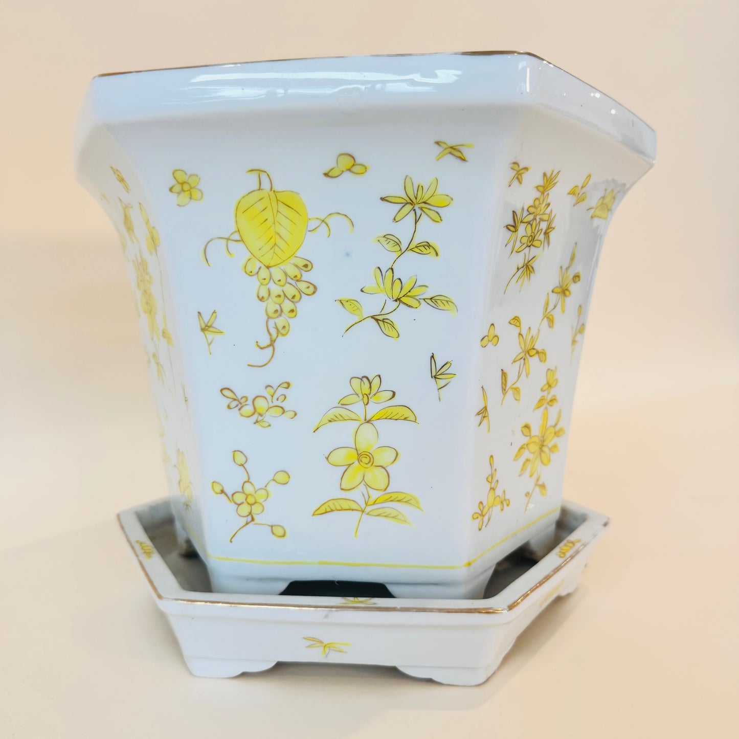 Yellow Floral Porcelain Planter Japan Decorated in Hong Kong w/ Drip Tray 9x10
