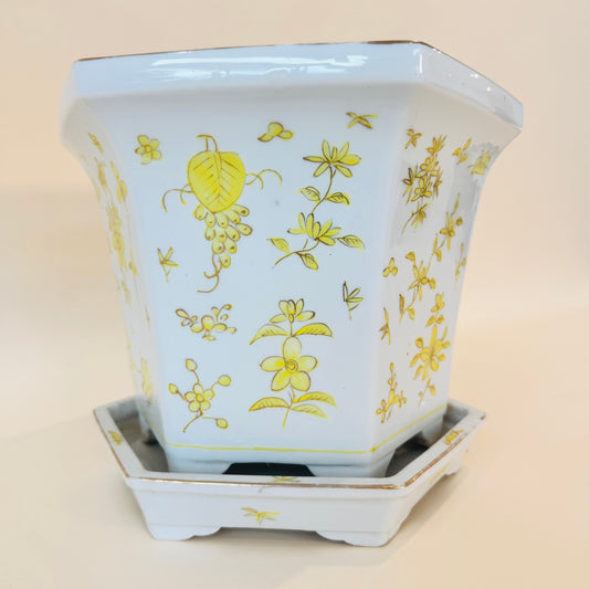 Yellow Floral Porcelain Planter Japan Decorated in Hong Kong w/ Drip Tray 9x10