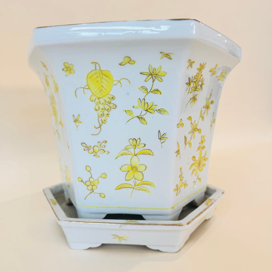 Yellow Floral Porcelain Planter w/ Drip Tray