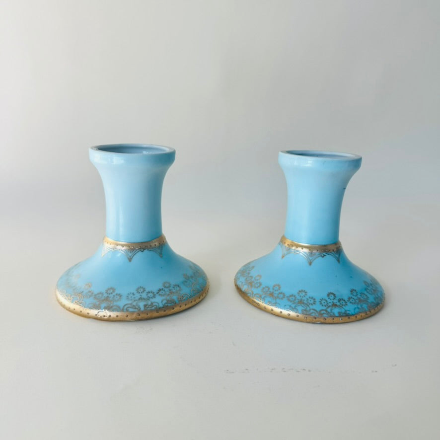 Antique Vienna-Style Blue & Gold Porcelain Candlestick Pair