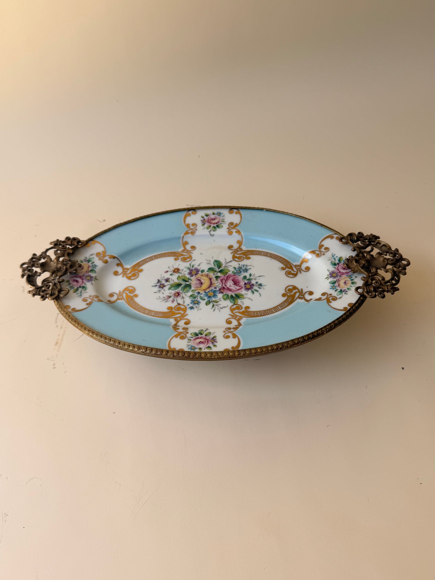 Vintage Limoges Porcelain Footed Dish with Ornate Brass Mount
