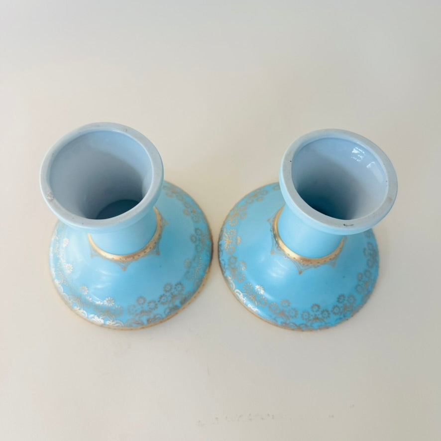 Antique Vienna-Style Blue & Gold Porcelain Candlestick Pair