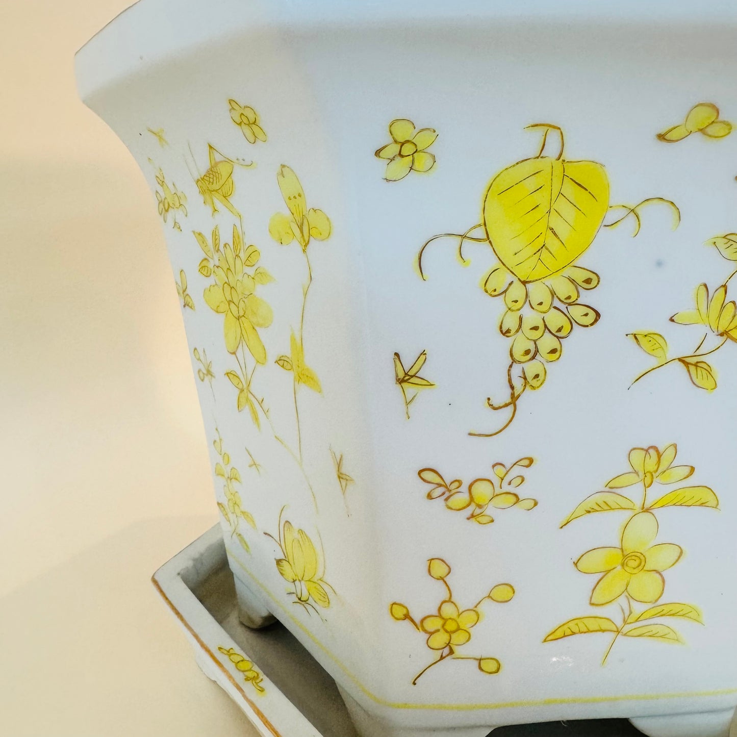 Yellow Floral Porcelain Planter Japan Decorated in Hong Kong w/ Drip Tray 9x10