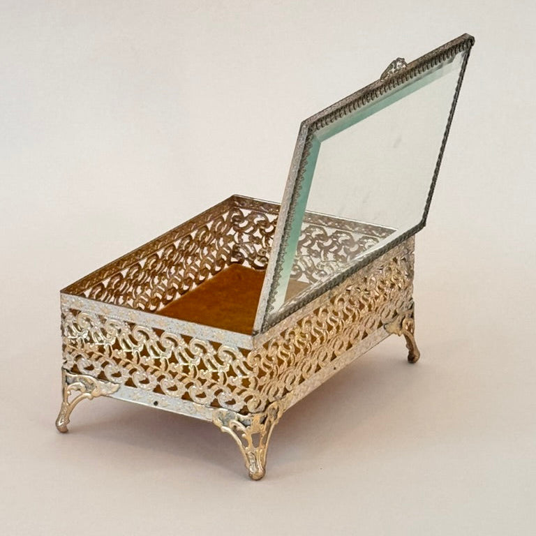 Filigree Brass & Beveled-Glass Jewelry Casket with Yellow Velvet Lining