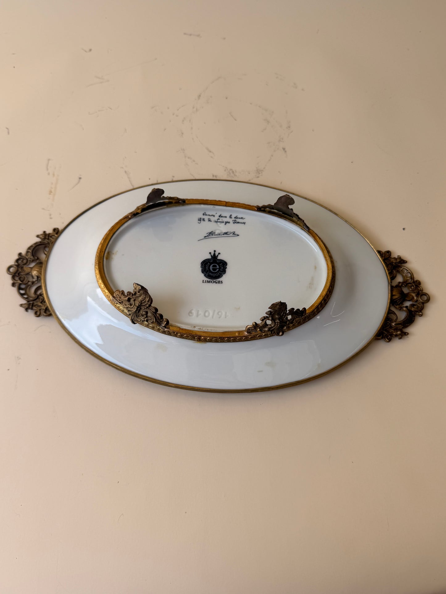 Vintage Limoges Porcelain Footed Dish with Ornate Brass Mount