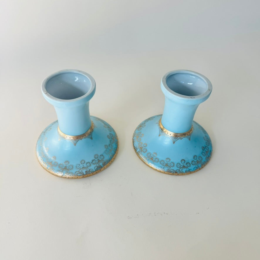 Antique Vienna-Style Blue & Gold Porcelain Candlestick Pair