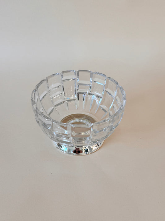 Crystal Footed Bowl with Silver Base – 5.25" Diameter, Geometric Cut