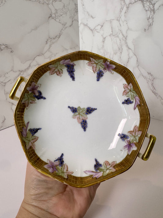 Antique Nippon Hand-Painted Dish | Grape & Leaf Motif | Open Handles | Gold Trim | Maple Leaf Mark