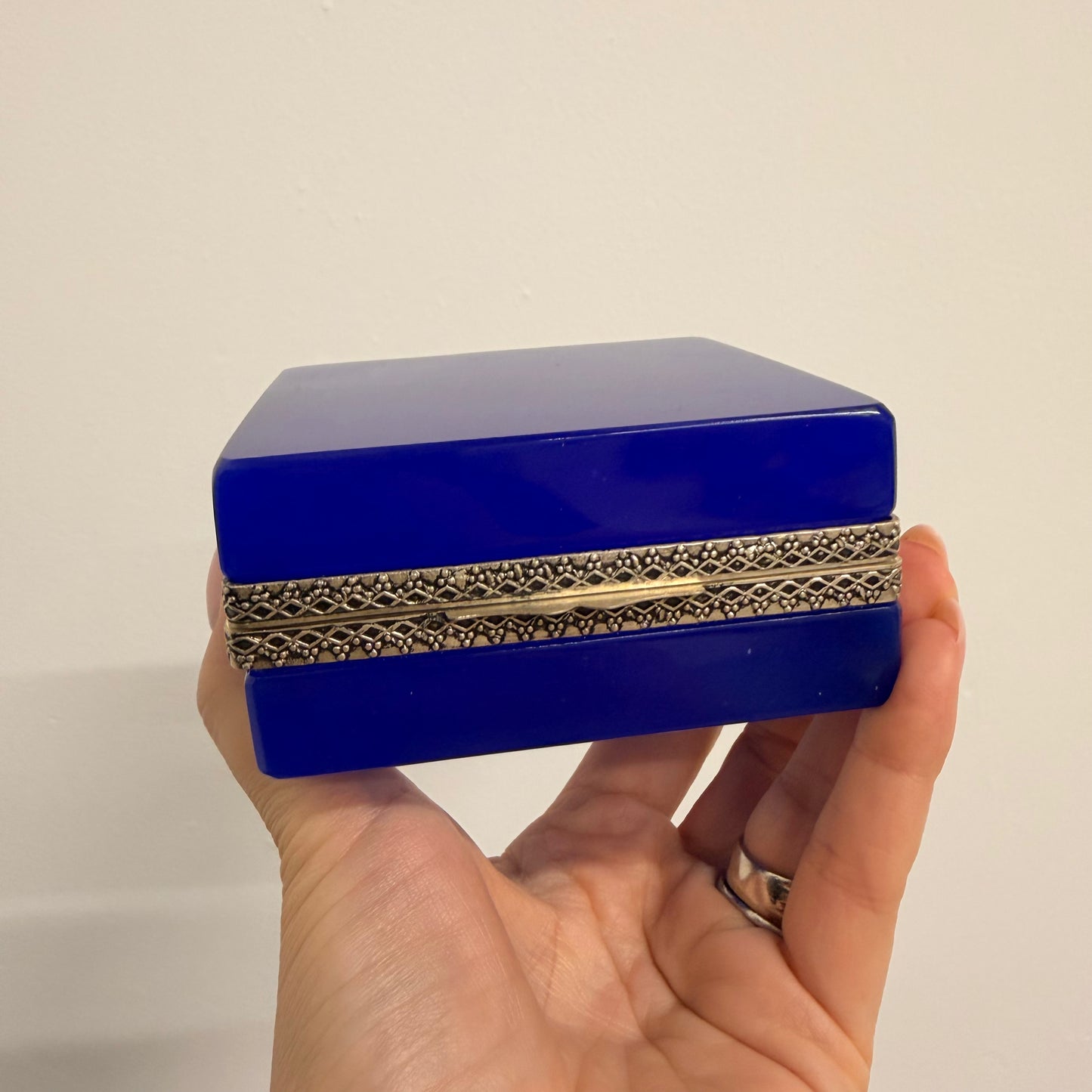 Vintage Cobalt Blue Opaline Casket/Box, Silver Mount