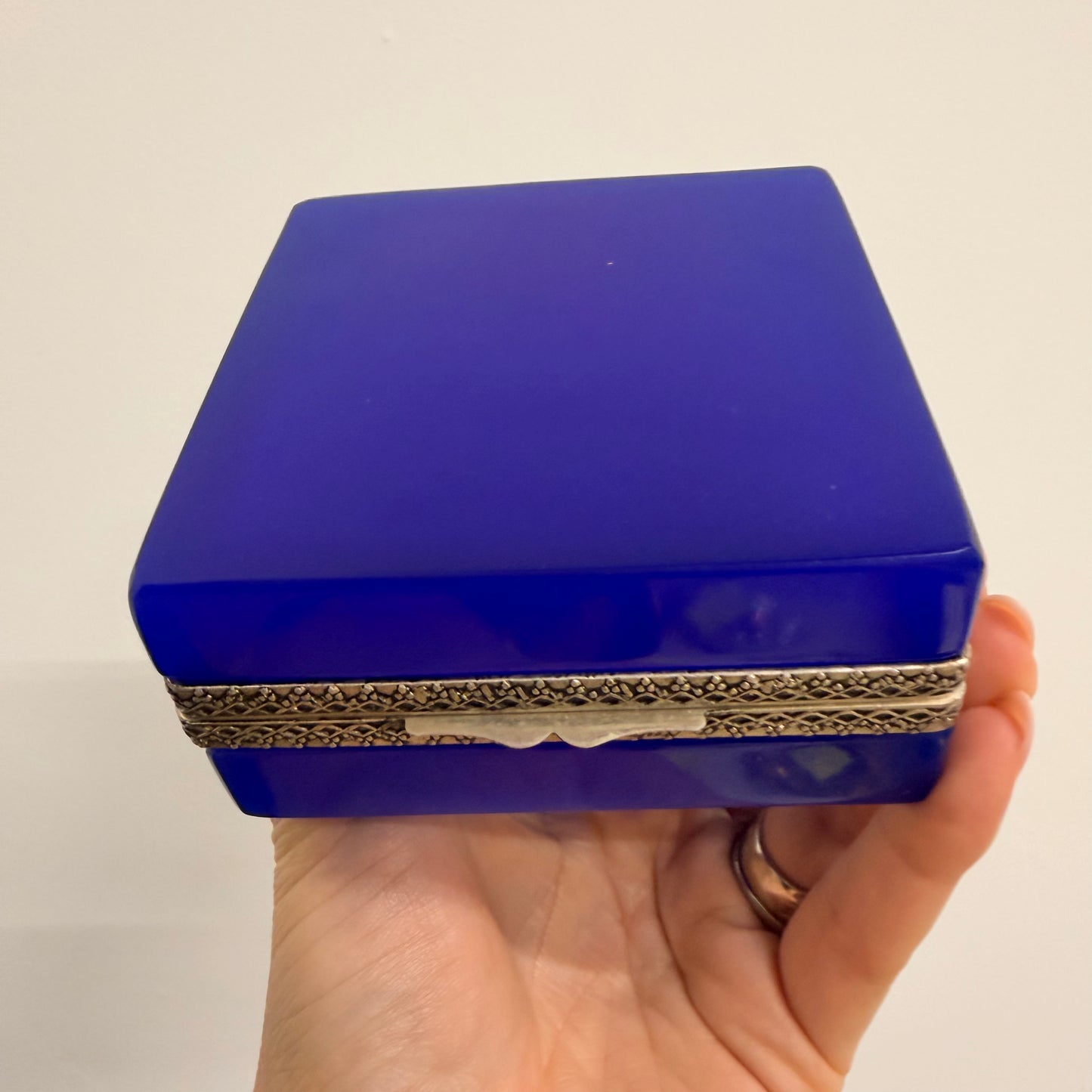 Vintage Cobalt Blue Opaline Casket/Box, Silver Mount
