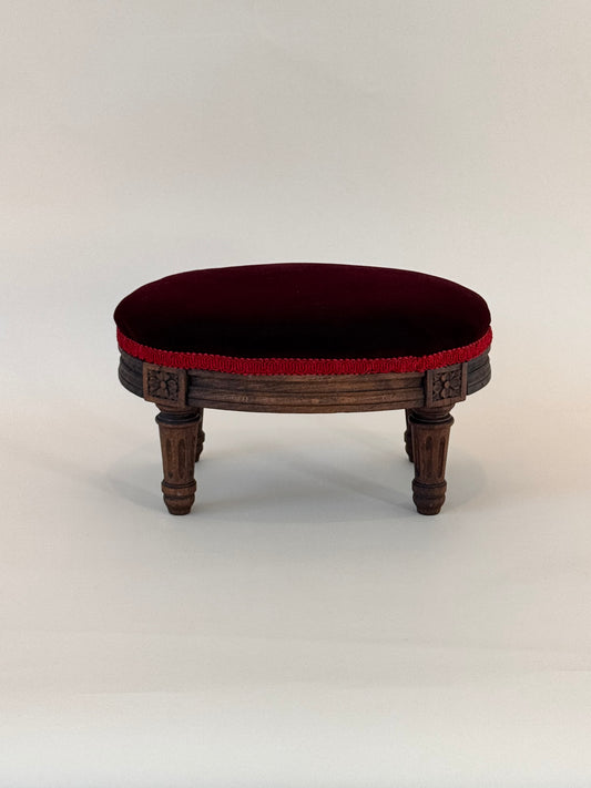 Antique Victorian Carved Wood Footstool with Garnet Velvet Upholstery – 12"