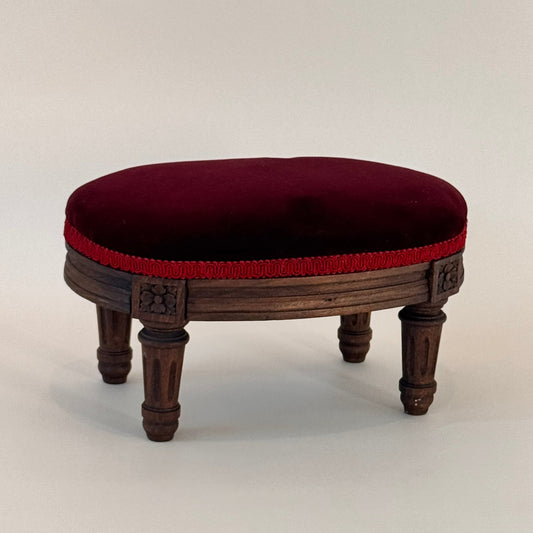 Antique Victorian Carved Wood Footstool with Garnet Velvet Upholstery – 12"