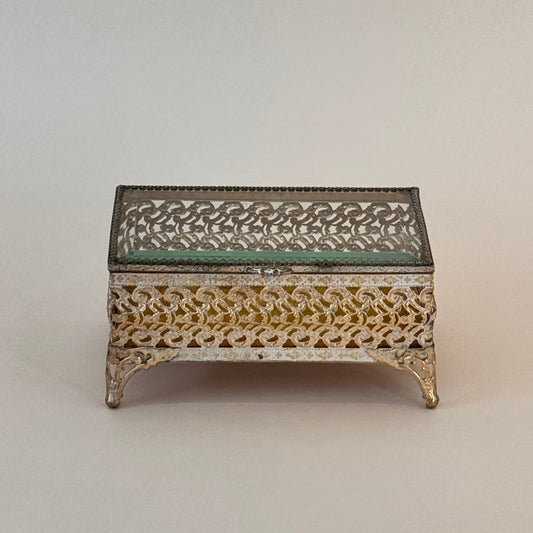 Mid-Century Filigree Brass & Beveled-Glass Jewelry Casket with Yellow Velvet Lining – 6.25″