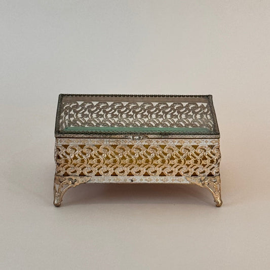 Filigree Brass & Beveled-Glass Jewelry Casket with Yellow Velvet Lining