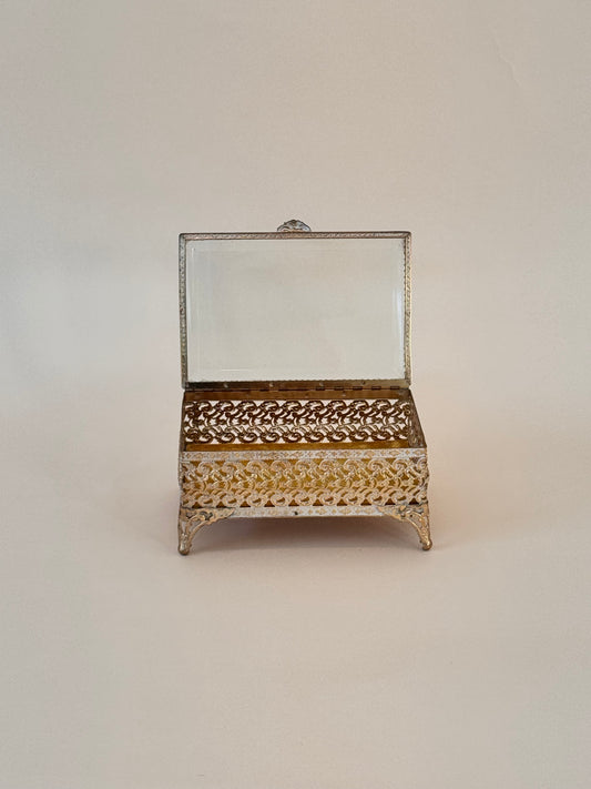Mid-Century Filigree Brass & Beveled-Glass Jewelry Casket with Yellow Velvet Lining – 6.25″
