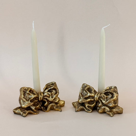 Vintage Gilded Bow Candlesticks (Pair) — Hand-Gilded Ceramic Bow Ribbon Taper Holders