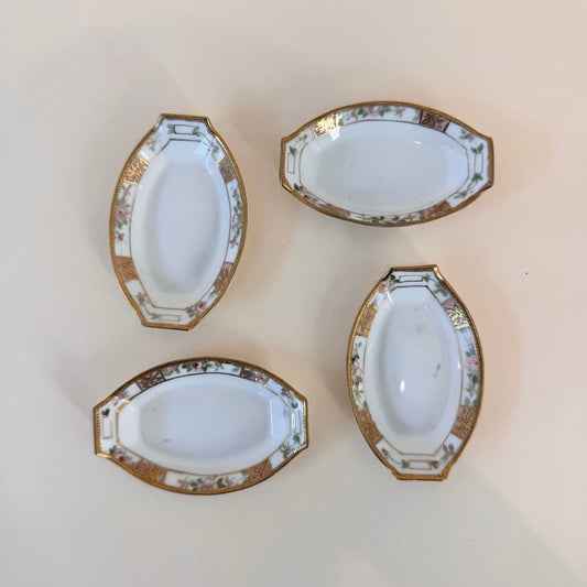Antique Nippon Hand-Painted Porcelain Salt Cellars, Set of 4 – Floral & Gold