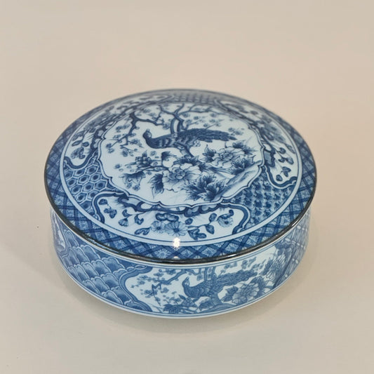 Vintage Andrea by Sadek Porcelain Blue & White Peacock Lidded Dish